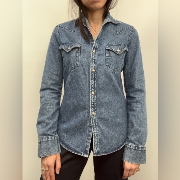 Vintage Western Blue Denim Shirt Back In The Saddle Collared Button Front Size M - Picture 3 of 13